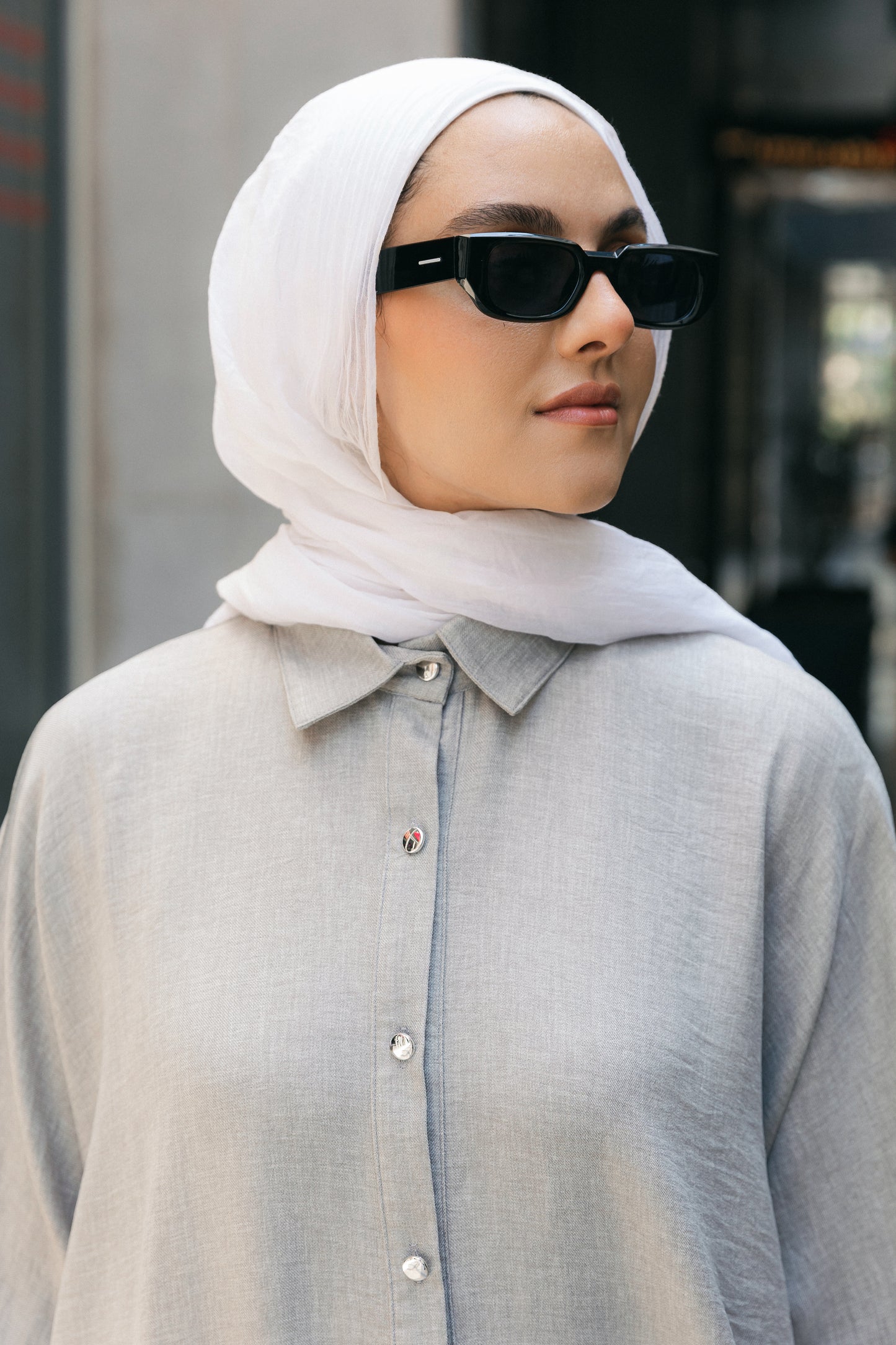 Silver Buttons Oversized Shirt - Silver Grey