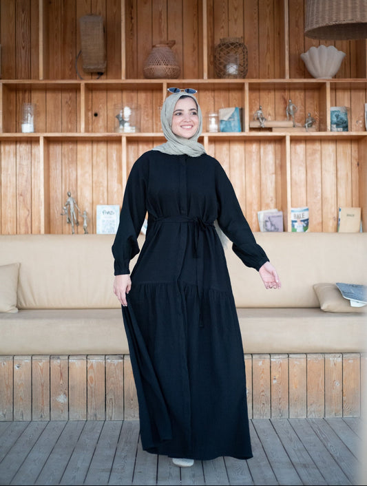 Frills Linen Dress - Black