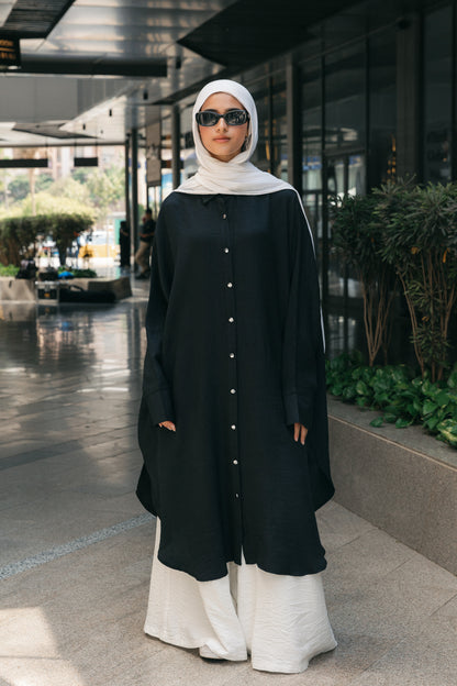 Silver Buttons Oversized Shirt - Black