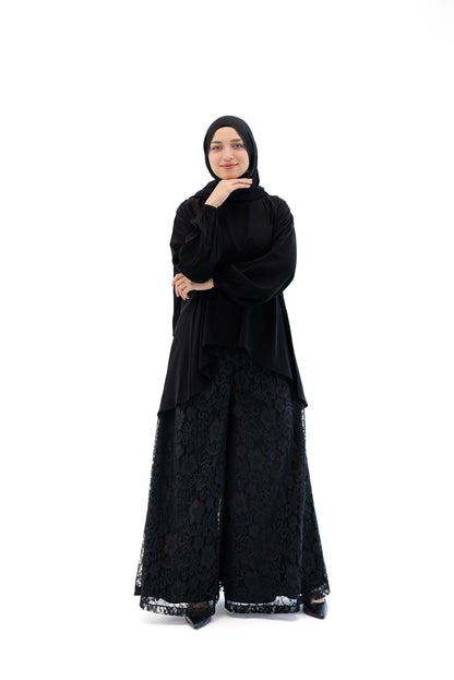 Lace Wide Leg Pants - Black