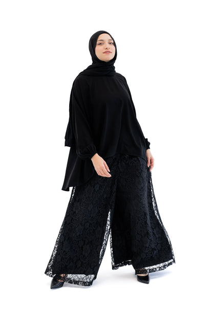 Lace Wide Leg Pants - Black