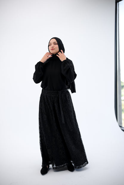 Lace Wide Leg Pants - Black