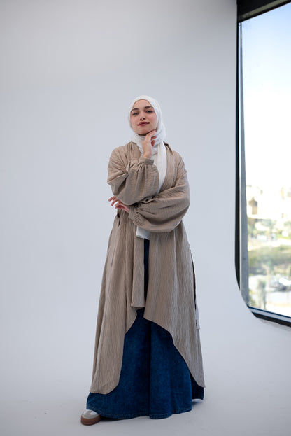 Linen Puffy Sleeves Cardigan- Beige