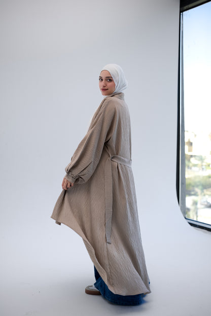 Linen Puffy Sleeves Cardigan- Beige