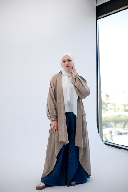 Linen Puffy Sleeves Cardigan- Beige