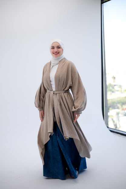 Linen Puffy Sleeves Cardigan- Beige