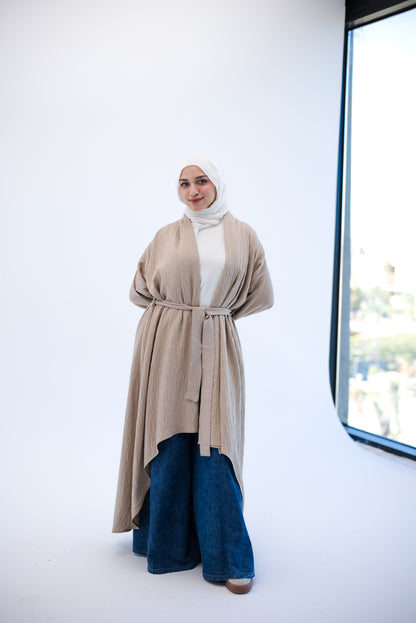Linen Puffy Sleeves Cardigan- Beige
