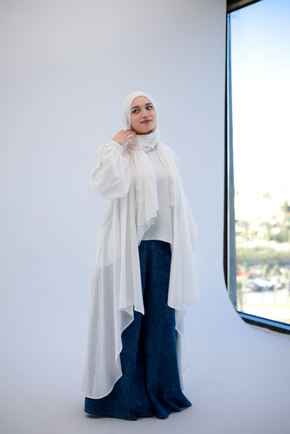 Linen Puffy Sleeves Cardigan- White