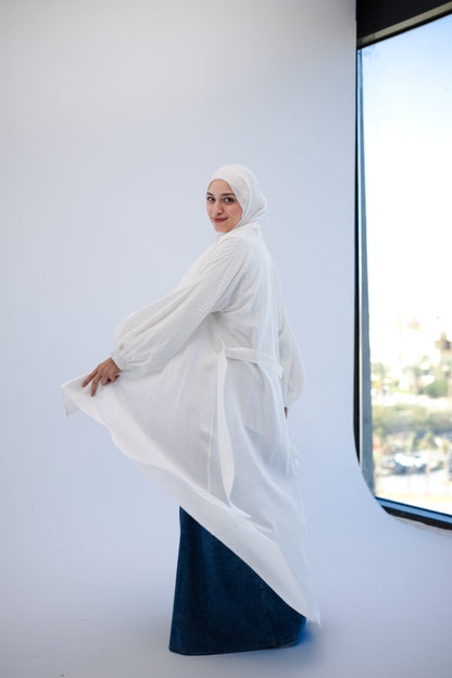 Linen Puffy Sleeves Cardigan- White