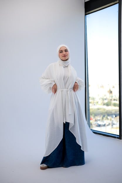 Linen Puffy Sleeves Cardigan- White