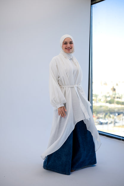 Linen Puffy Sleeves Cardigan- White