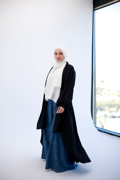 Linen Puffy Sleeves Cardigan- Black