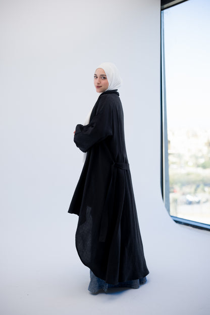 Linen Puffy Sleeves Cardigan- Black