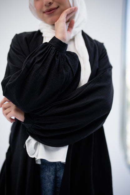 Linen Puffy Sleeves Cardigan- Black