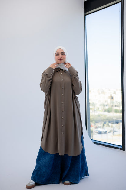 Gold Buttons Oversized Shirt - Cafe