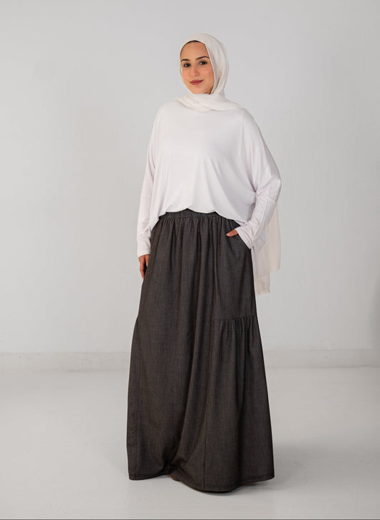Denim Fine Frills Skirt - Silver Stone