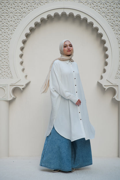 Gold Buttons Oversized Shirt - White