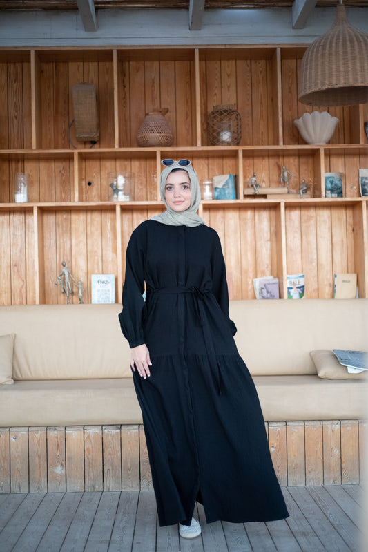 Frills Linen Dress - Black