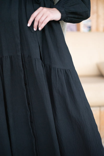 Frills Linen Dress - Black