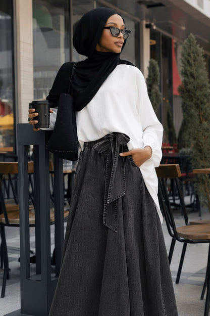 Cloche Couture Denim Skirt- Washed Grey